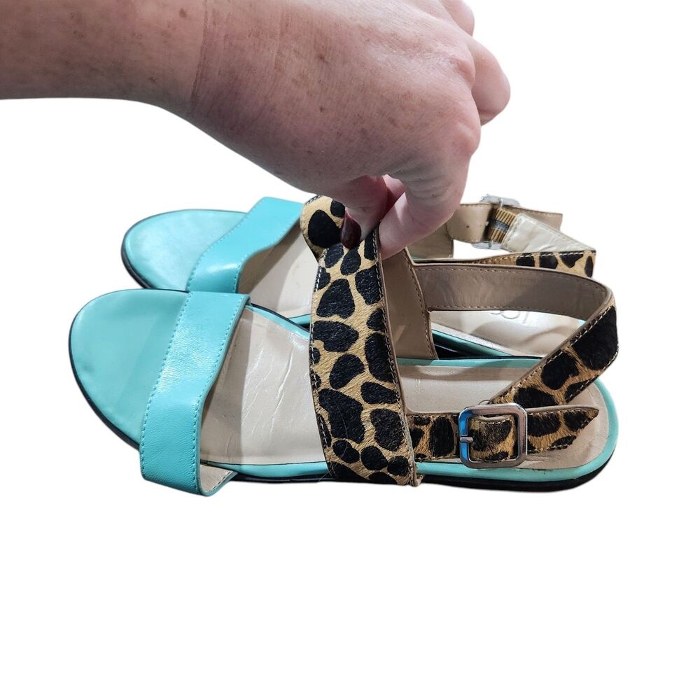 LOGO Lori Goldstein Sandals 6M Teal Leather Leopard Calf Hair Ankle Strap